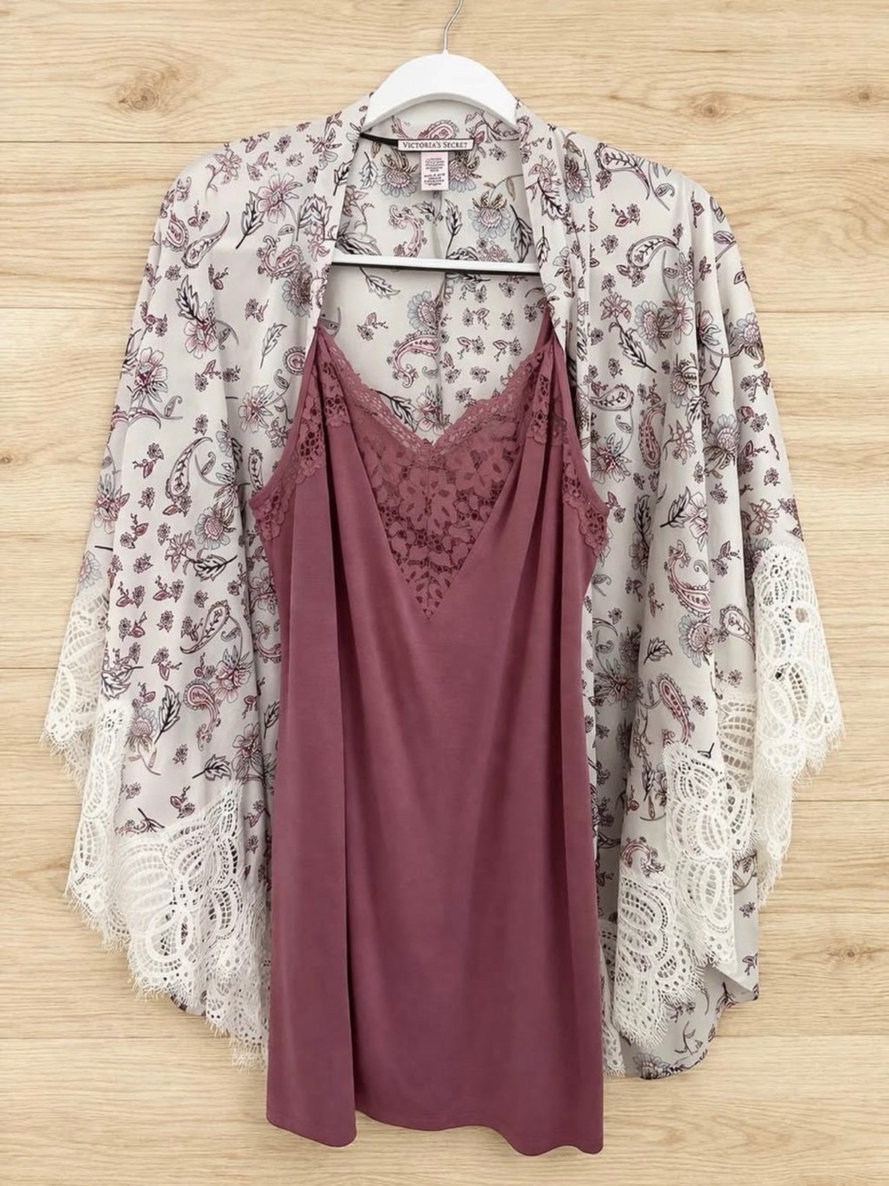 Victoria’s Secret Lace Trim Slip Dress & Floral Kimono Robe Set